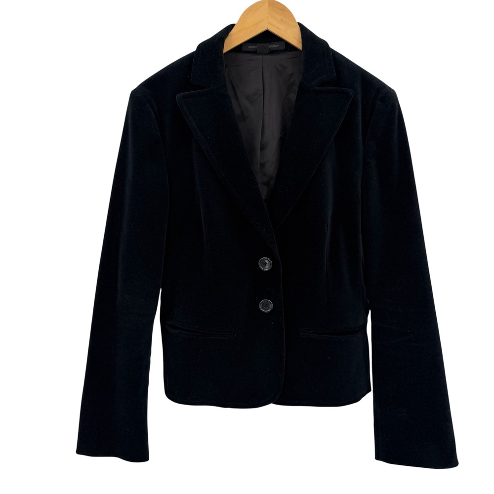 Express Design Studio Blazer Women 12 Black Velvet Cotton Two Button Goth Party
